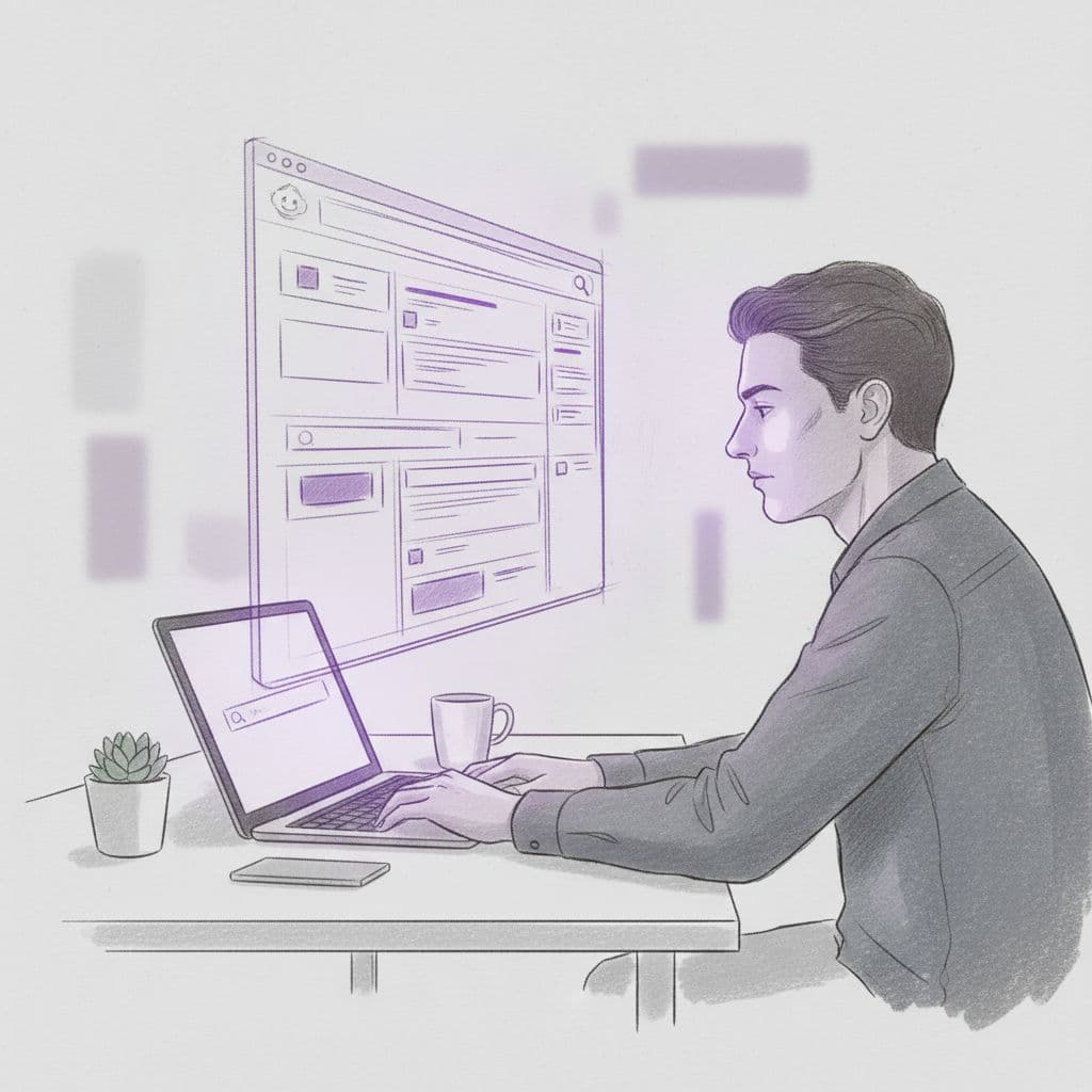 A person sits at a desk viewing a glowing, sketched interface of Reddit on a laptop screen.