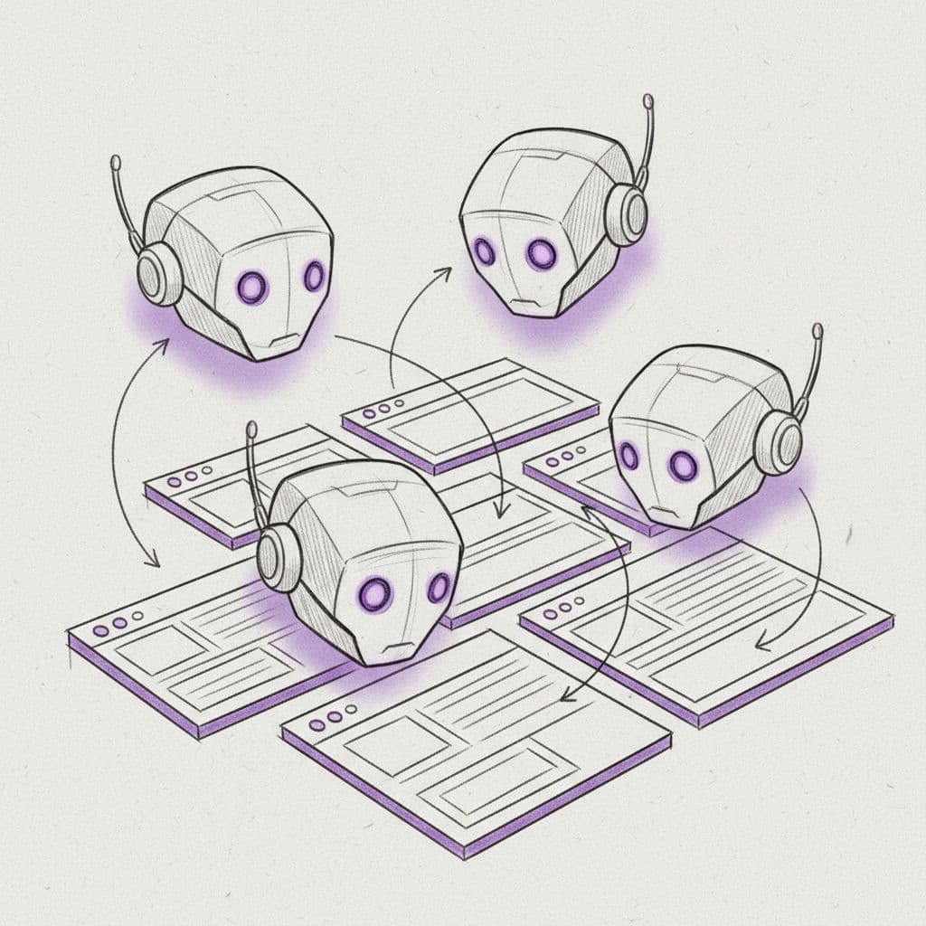 A graphite sketch depicts stylized robot heads hovering over structured web page blocks connected by purple arrows.