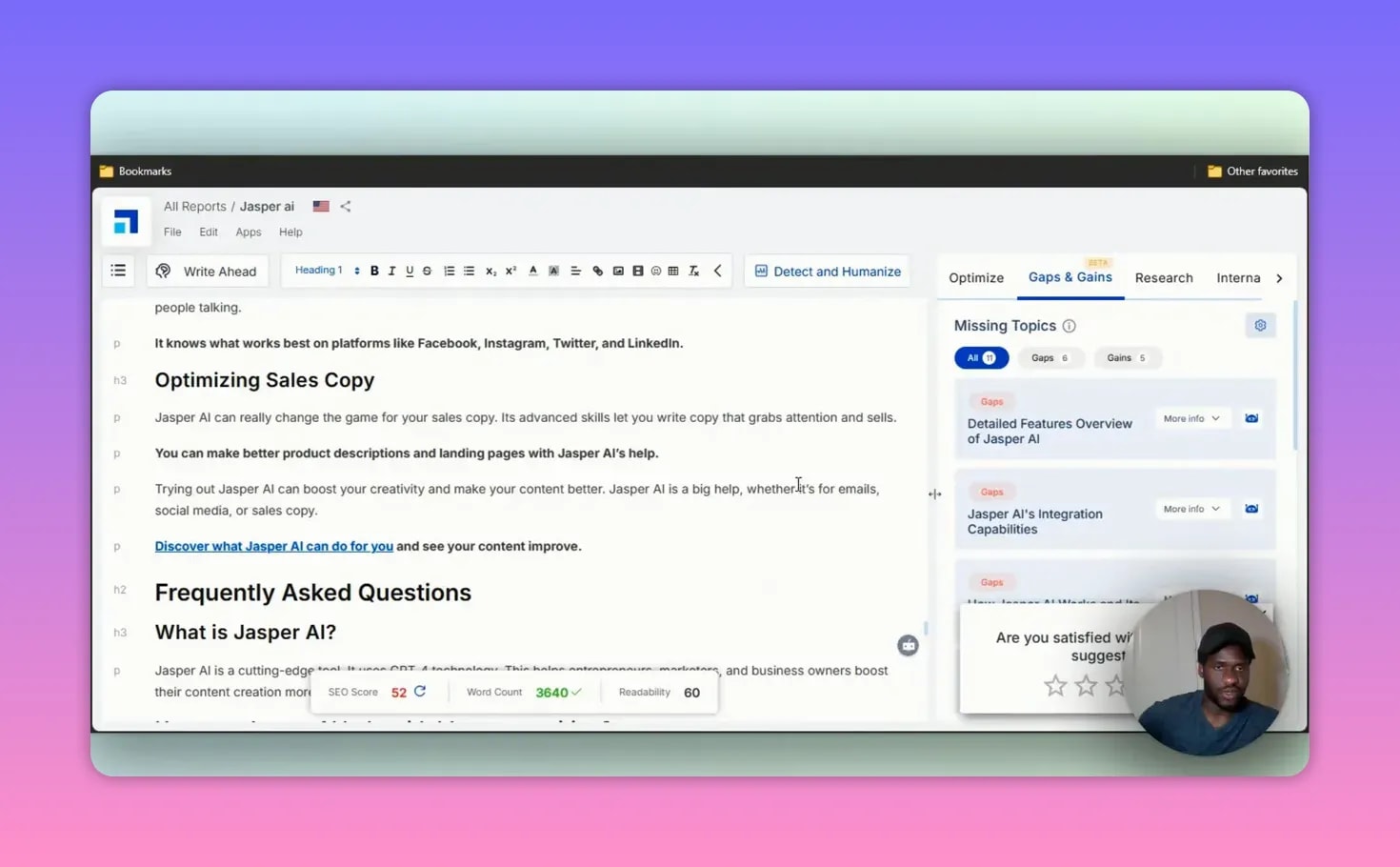 Scalenut Content Optimizer showing Missing Topics with gaps and gains suggestions