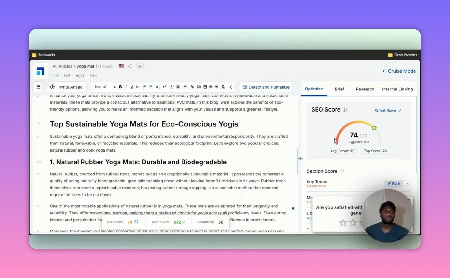 Scalenut editor showing SEO Score 74/100 with optimization and section score details