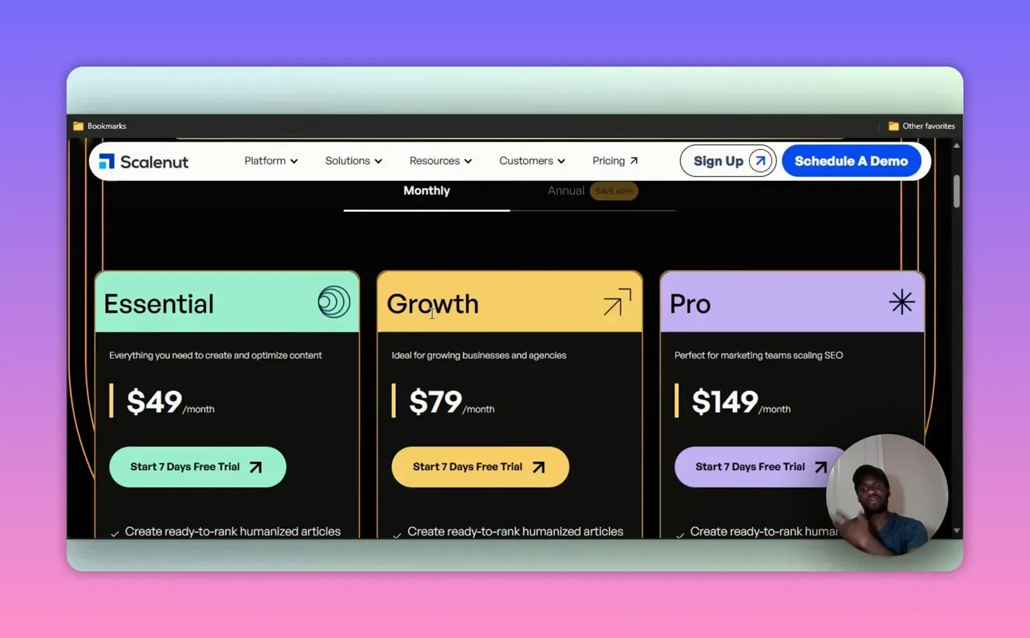 Scalenut pricing comparison Essential Growth Pro showing $49 $79 and $149 per month