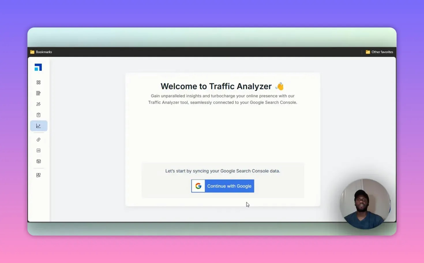 Traffic Analyzer welcome screen with option to continue using Google Search Console