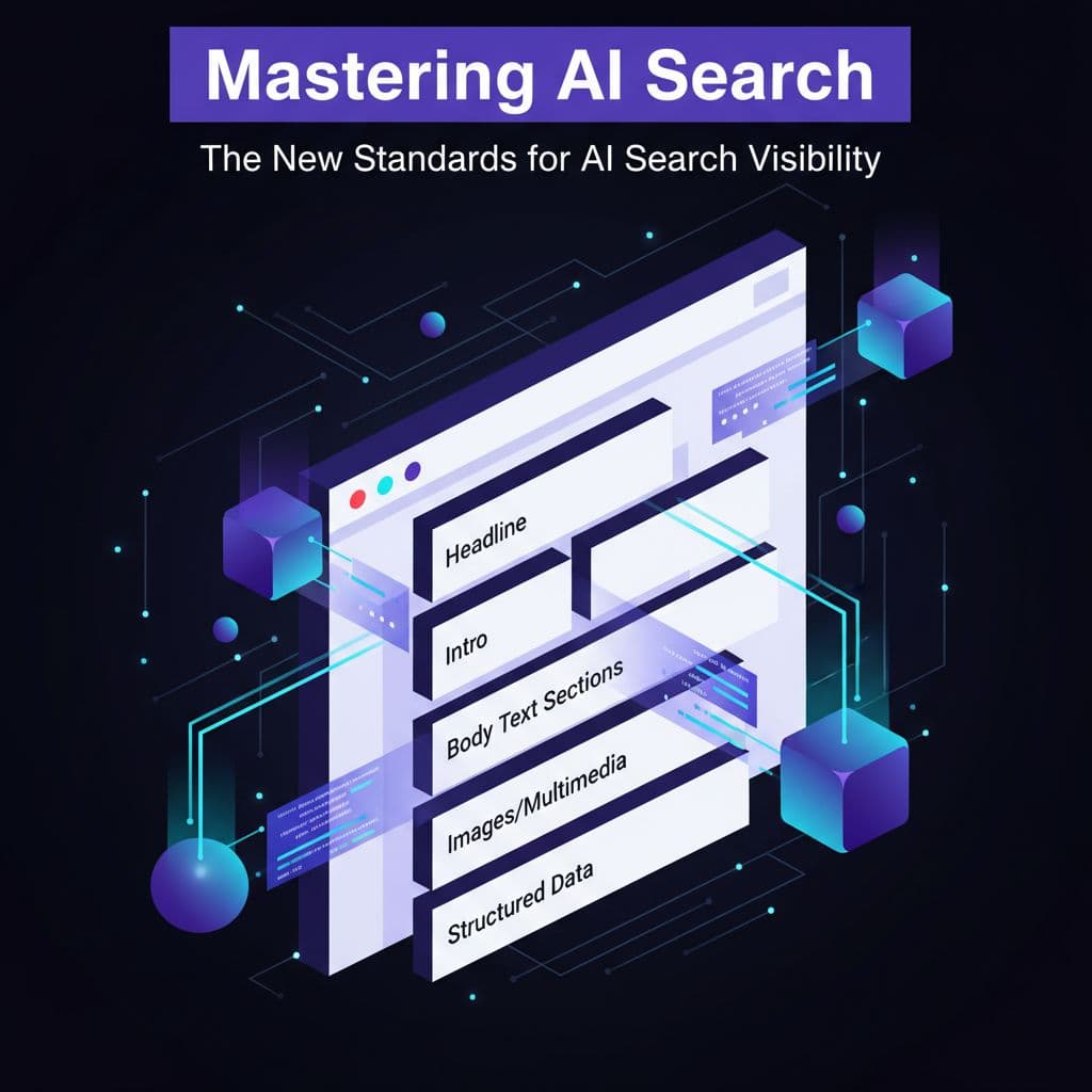Google AI Overviews in 2026: Content Google Can Summarize 2 Bold purple headlines hover above a complex grid of glowing digital nodes and data pathways. The stylized interface highlights key content segments being analyzed through sharp lines and high contrast colors.