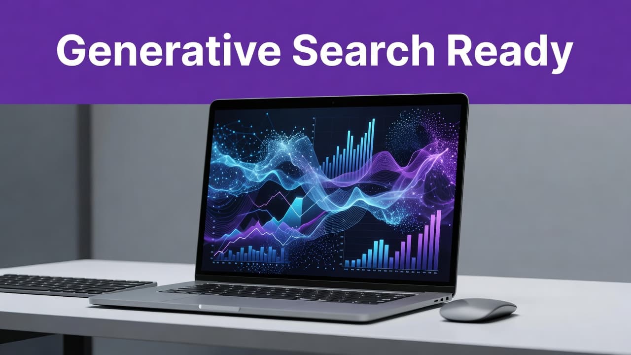 Generative Engine Optimization Checklist for WordPress Sites 2 A sleek laptop displays intricate colorful data visualizations on a minimalist desk surface. Above the screen, a bold purple horizontal band clearly features the headline text Generative Search Ready in white.