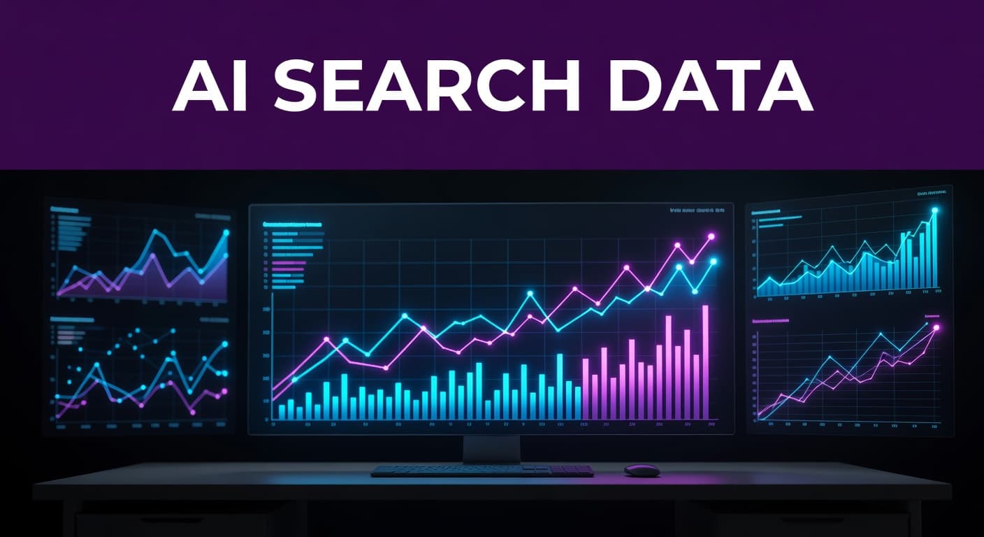 How to Track AI Search Traffic in GA4 (2026 Guide) 2 A deep purple banner with white bold text sits above a modern workstation. A glowing digital analytics dashboard displays intricate charts and data points, set against a clean, professional desktop environment.
