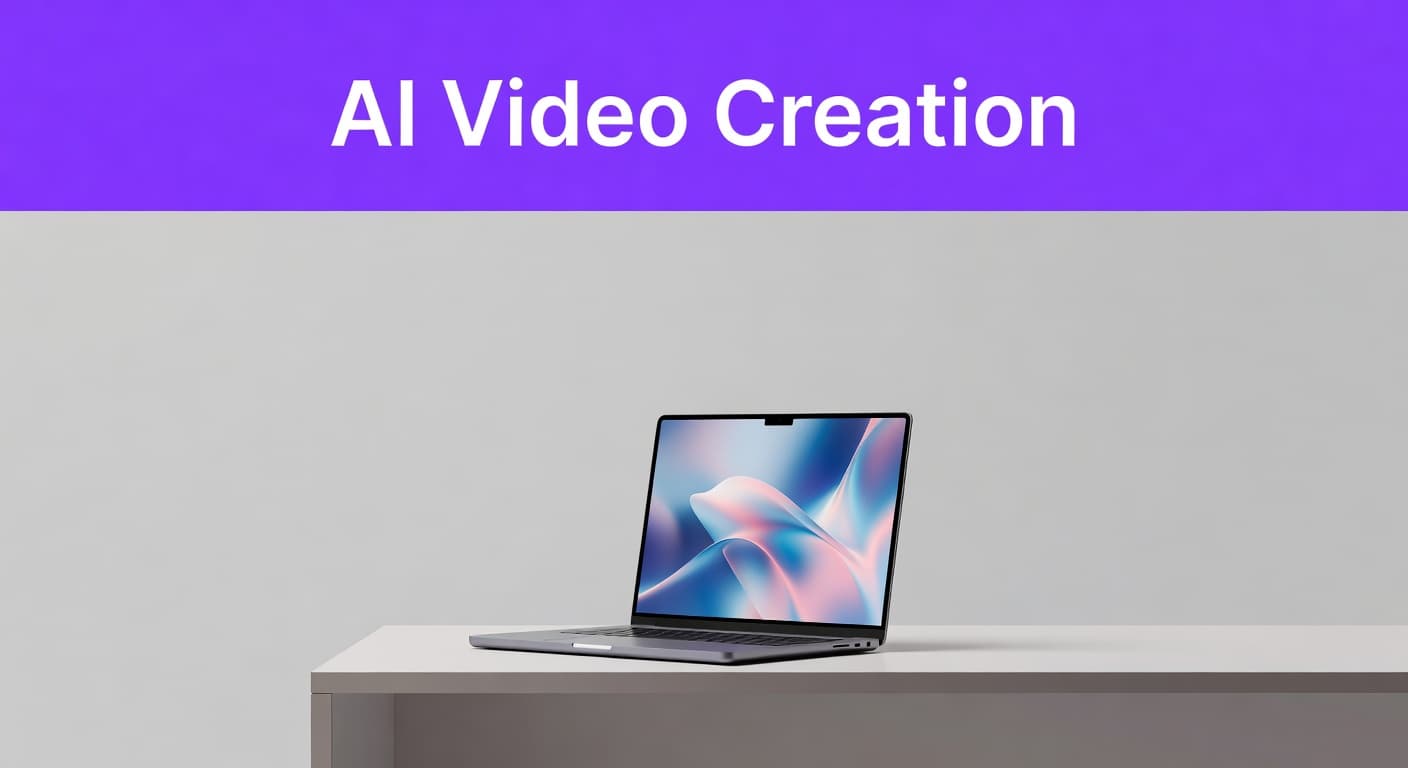 A sleek modern laptop with an artistic screen sits on a clean minimalist desk. A bold purple horizontal banner featuring white geometric typography hangs across the neutral studio background wall.