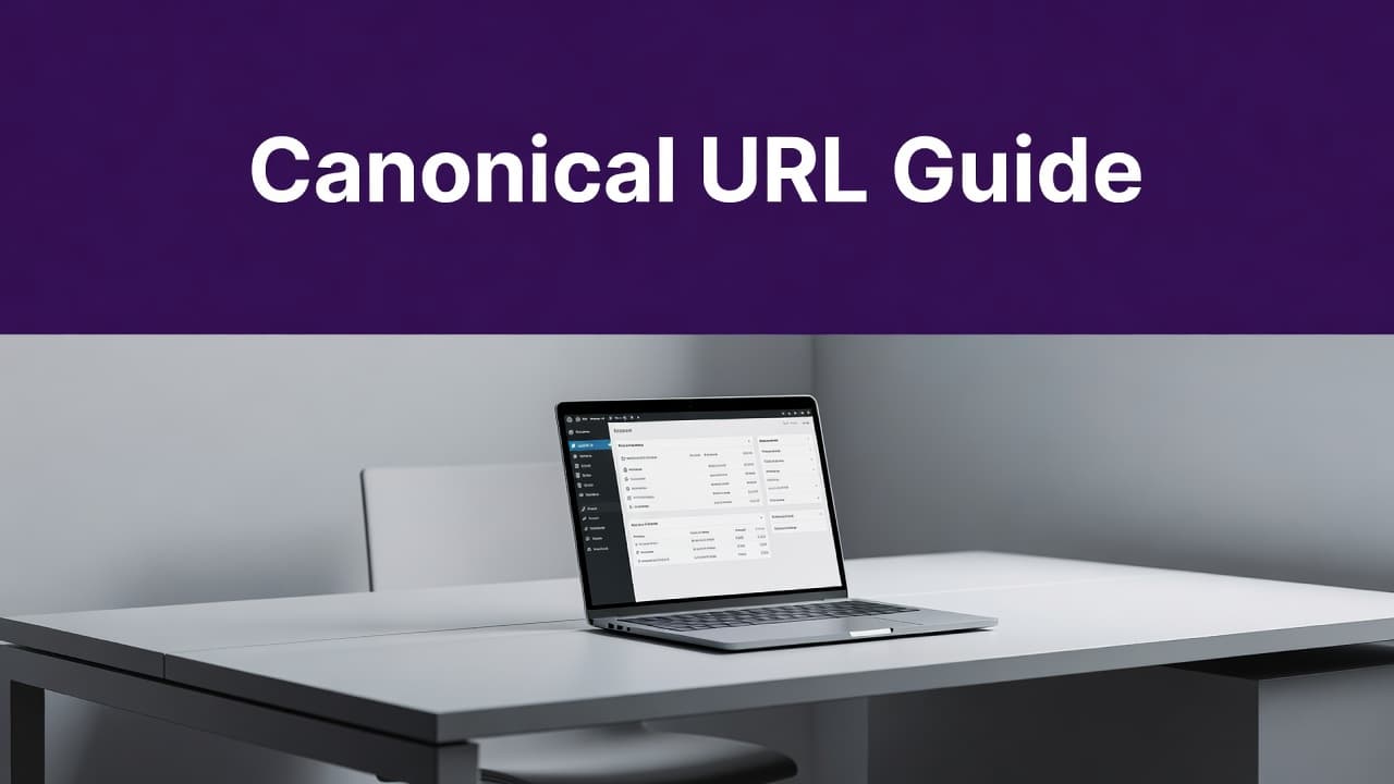 A deep purple horizontal header sits atop a minimalist workspace featuring a sleek laptop. The screen shows a blurred software dashboard, emphasizing a clean and professional aesthetic for technical web content.