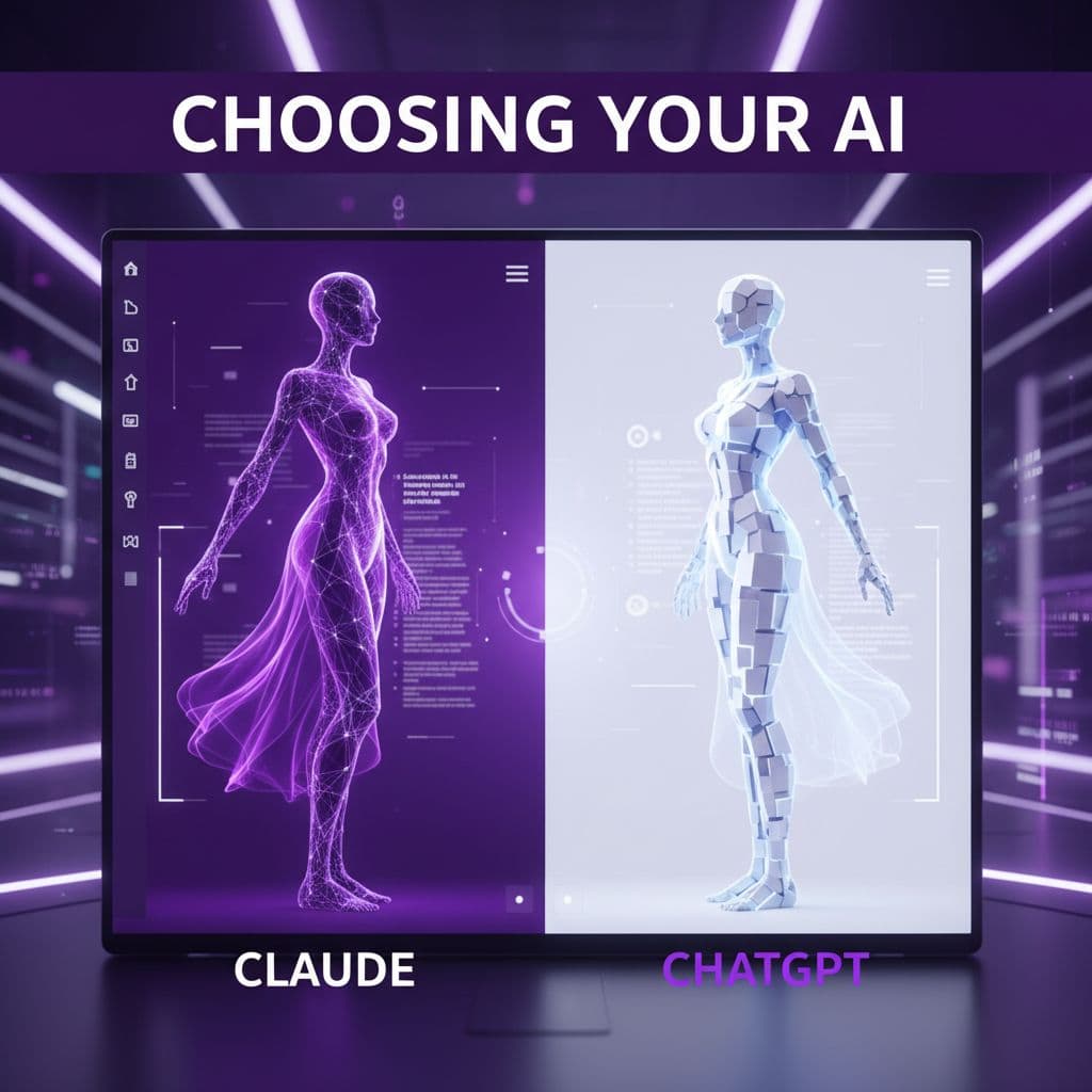 Claude vs ChatGPT for Blog Writing in 2026: Which Fits Better? 1 Two sleek minimalist figures stand on opposite sides of a split screen within a clean professional studio. A bold headline band spans the top, set against a high contrast purple backdrop.