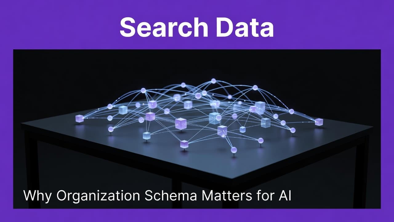 How to Add Organization Schema WordPress for AI Search 2 A glowing network of interconnected nodes rests on a desk, illustrating digital organization. A bold purple horizontal header sits above with the words Search Data written in clean white lettering.