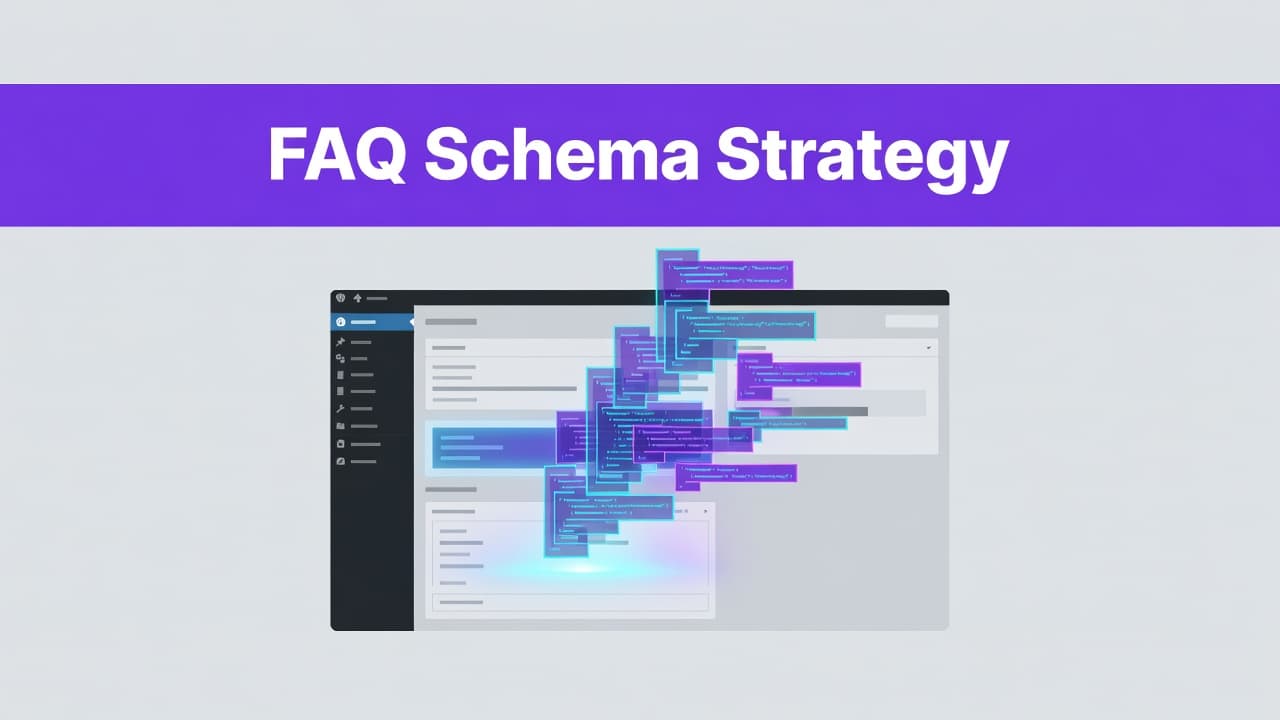 WordPress FAQ Schema for AI Search: A Simple Guide 2 Stylized code blocks emerge from a sleek WordPress dashboard interface against a clean, minimalist background. A bold purple horizontal header contains the professional sans-serif text titled FAQ Schema Strategy.