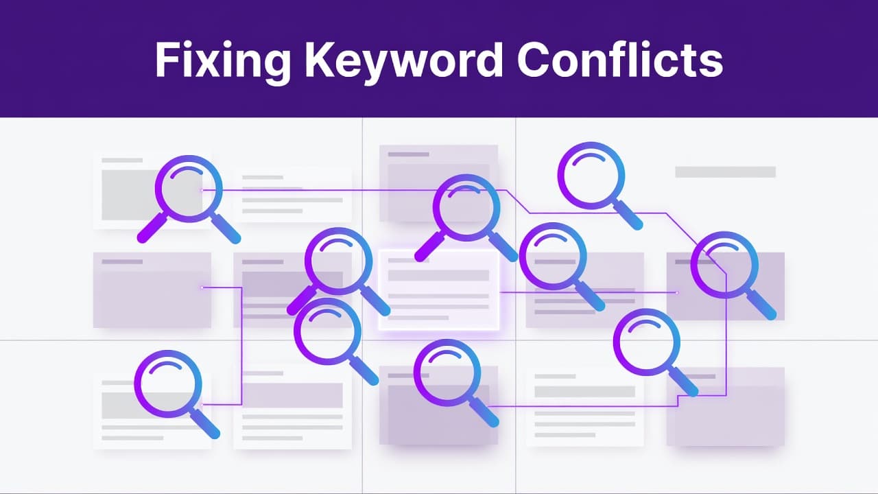 Fix Keyword Cannibalization in WordPress Posts 2 A web browser interface displays abstract content blocks being reorganized under a deep purple header. The high-contrast design focuses on a centralized set of search icons to illustrate SEO content management.