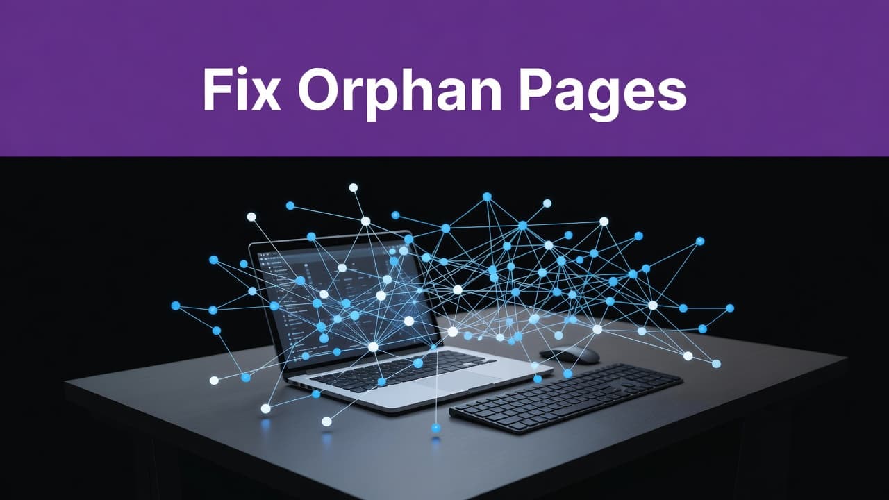 A deep purple banner sits atop a professional desk setup featuring glowing digital network nodes. The scene emphasizes clean organization and systematic web structure for an optimized minimalist editorial presentation.
