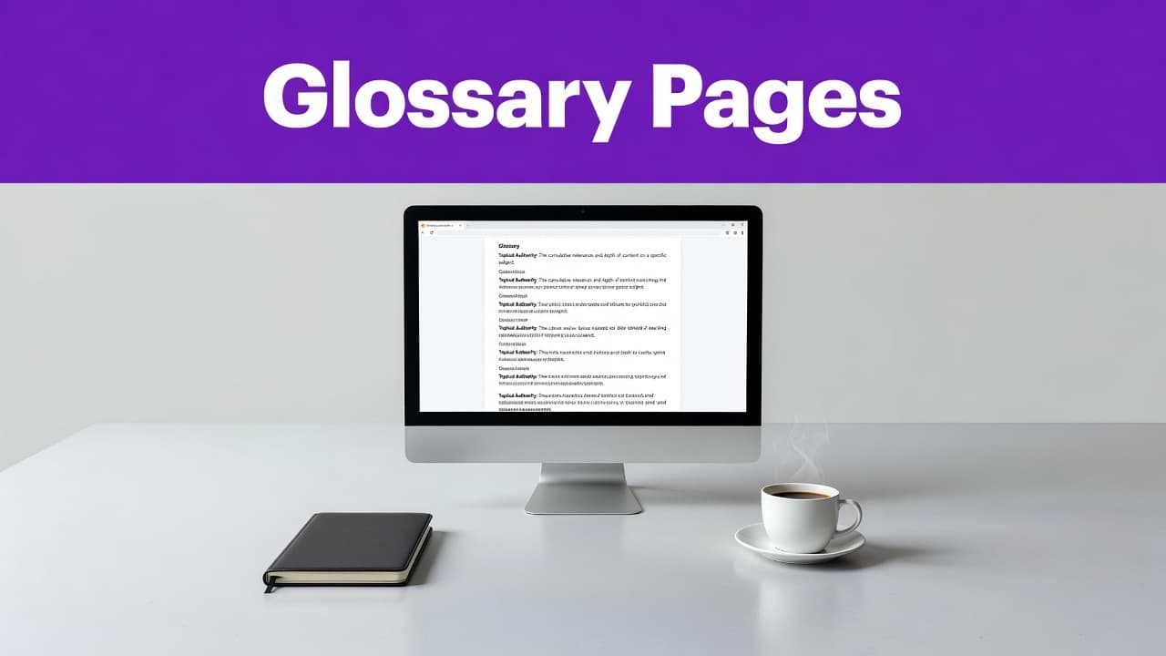 How to Build Glossary Pages That Strengthen Topical Authority 2 A single high-quality monitor, a notebook, and a coffee mug sit on a clean desk. A bold purple bar with text labels the top, emphasizing a professional and focused work environment.