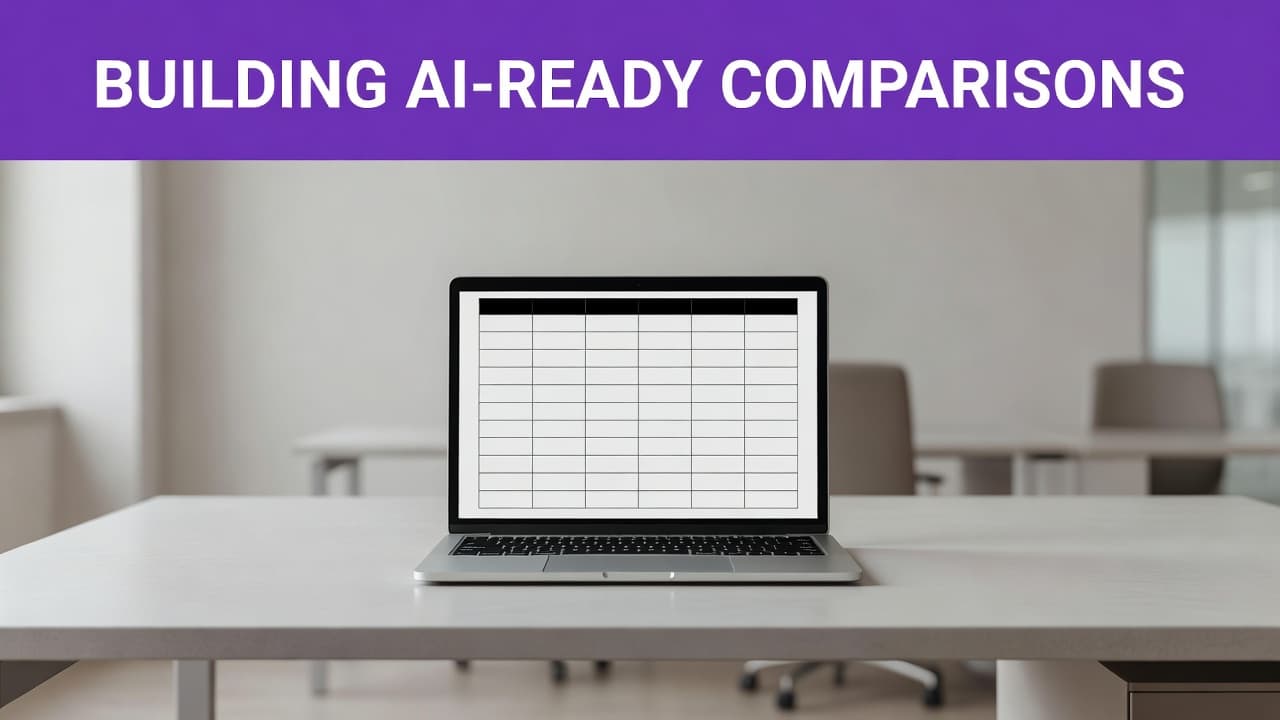 Build Comparison Pages AI Search Can Cite 2 A clean workstation features an open laptop displaying a high-contrast grid table beneath a bold purple banner with white text. Soft-focus office elements provide a professional backdrop for the analytical setup.