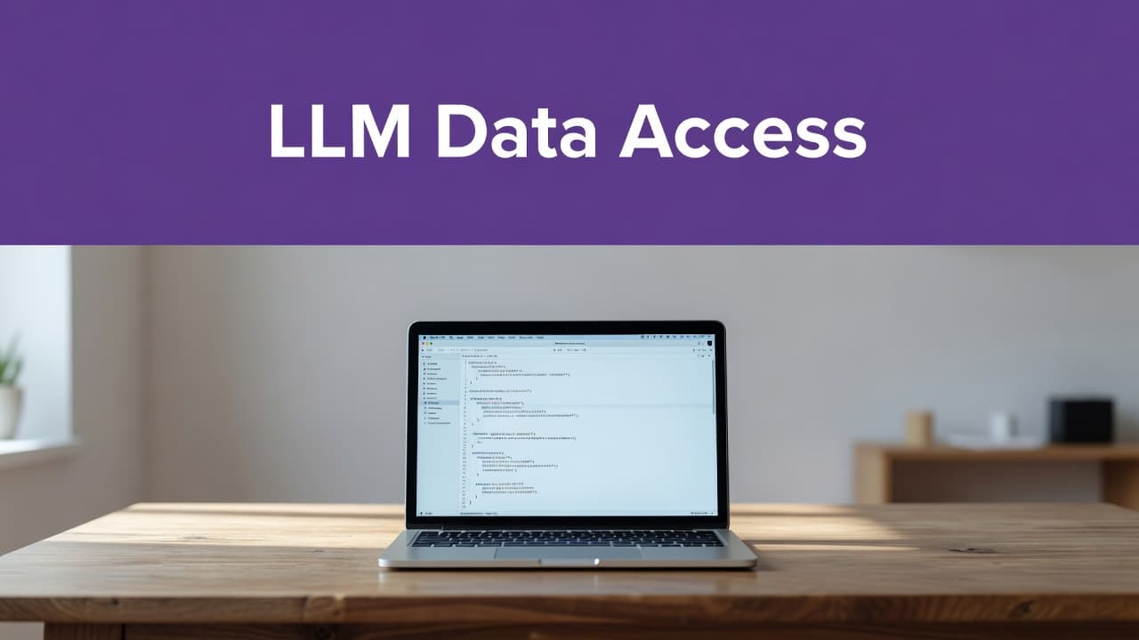 How to Create an llms.txt File in WordPress 2 A sleek laptop rests on a light wooden desk, positioned under a purple horizontal bar labeled LLM Data Access. Soft, natural light illuminates the clean desk surface during a quiet afternoon.