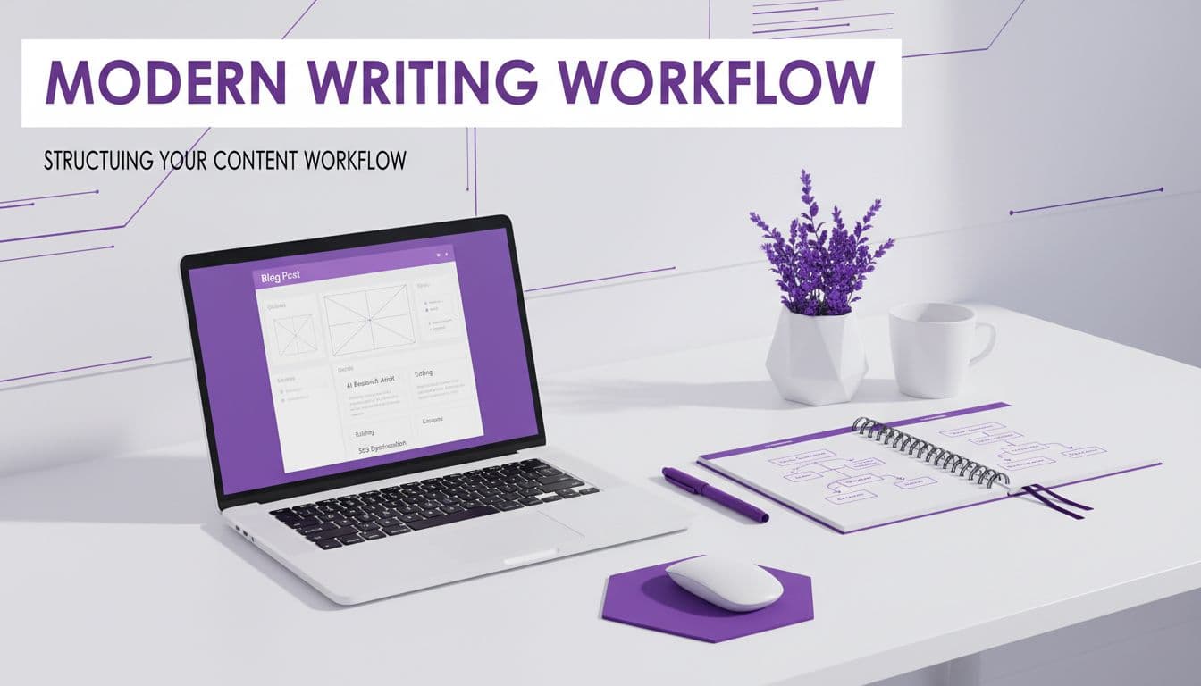Claude vs ChatGPT for Blog Writing in 2026: Which Fits Better? 2 A minimalist desk features a sleek laptop and a notepad displayed under a purple header band. The clean, professional workspace layout emphasizes an organized structure for developing digital content and articles.