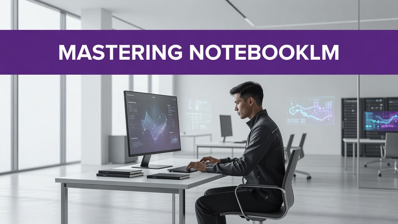 How to Use NotebookLM for Better Blog Research in 2026 2 A researcher sits at a minimalist desk inside a bright modern office. A prominent purple banner at the top features bold white text labeling the workspace for professional digital research.