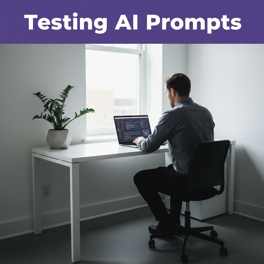 Google AI Studio Prompt Testing: A Practical 2026 Guide 2 A focused professional works at a sleek desk using a laptop. A bold purple header bar with sharp typography sits at the top of the clean, high-contrast, modern office space.