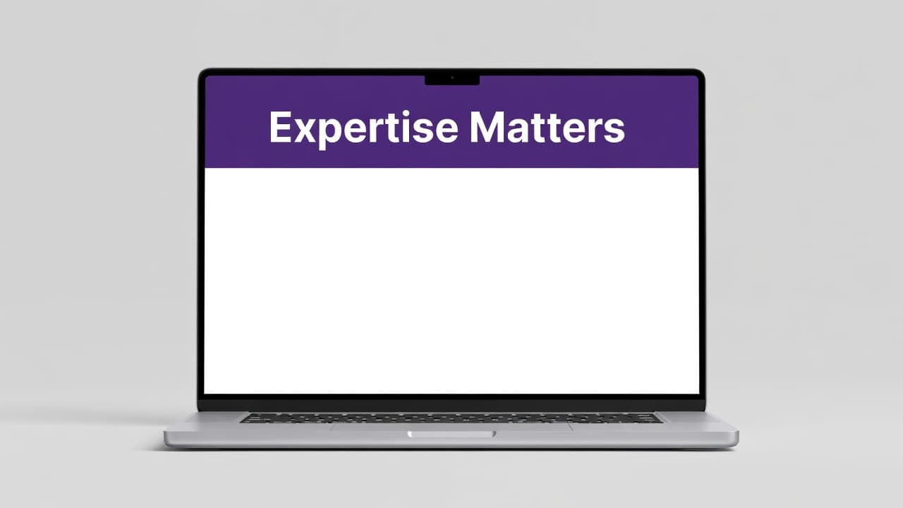 How to Build Author Pages That AI Search Can Cite 2 A sleek laptop displays a clean author profile page featuring a vibrant purple header banner. The screen shows bold, geometric typography titled Expertise Matters, organized within a minimalist studio-lit environment.