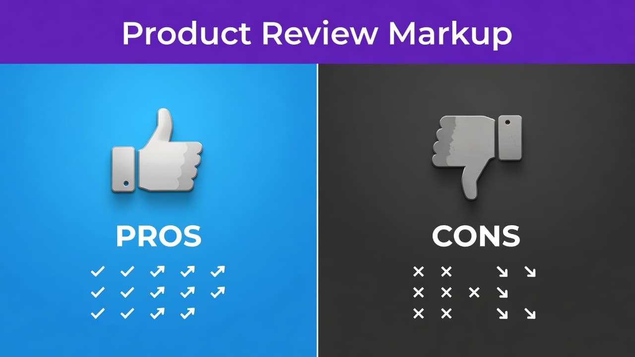 How to Add Pros and Cons Schema in WordPress 2 A split-screen design shows a purple horizontal header labeled Product Review Markup. The lower panel divides into contrasting sections to represent evaluation data for web development and search engine optimization.