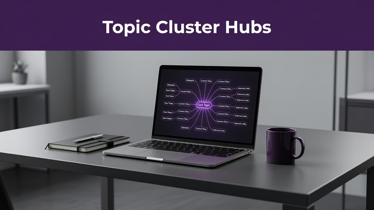 A clean office desk features a laptop screen displaying an intricate mind-map diagram. The workspace is organized with minimalist dark purple accents and a bold headline banner reading Topic Cluster Hubs.