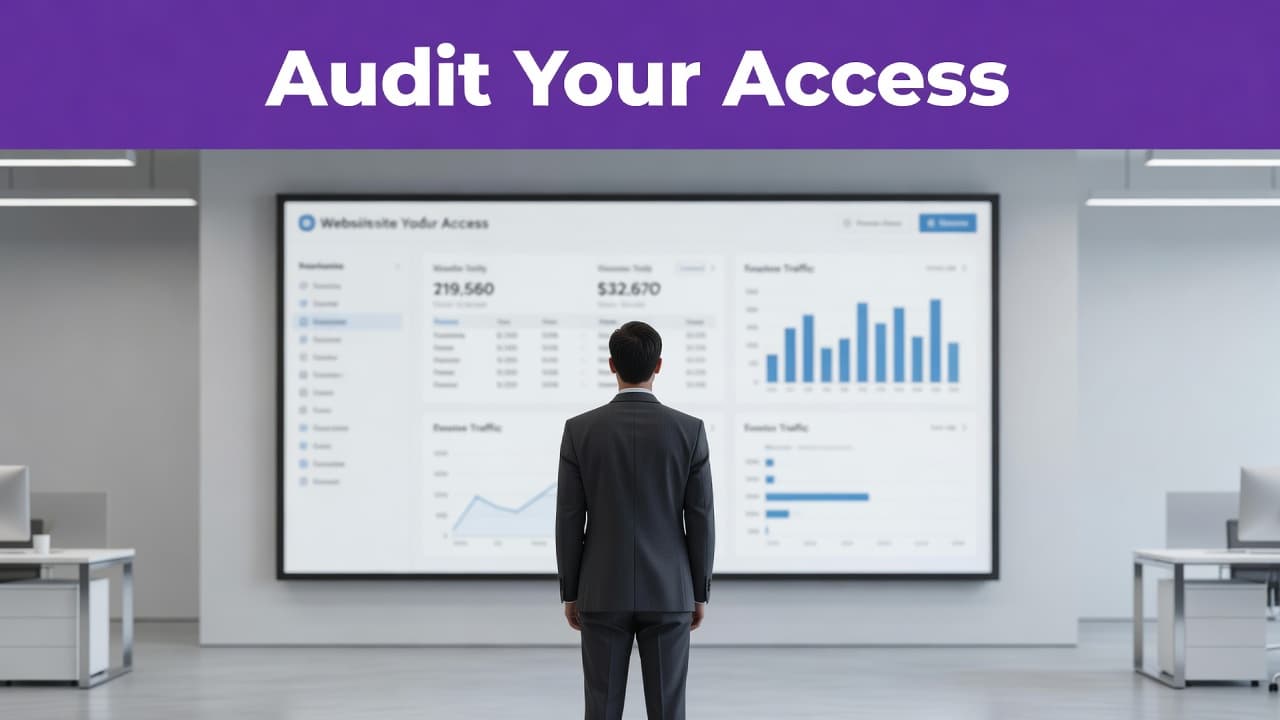 How to Audit AI Crawler Access in WordPress 2 A professional stands before a massive wall monitor featuring complex data visualizations of website traffic. A bold purple header above the screen emphasizes the importance of managing digital access permissions.