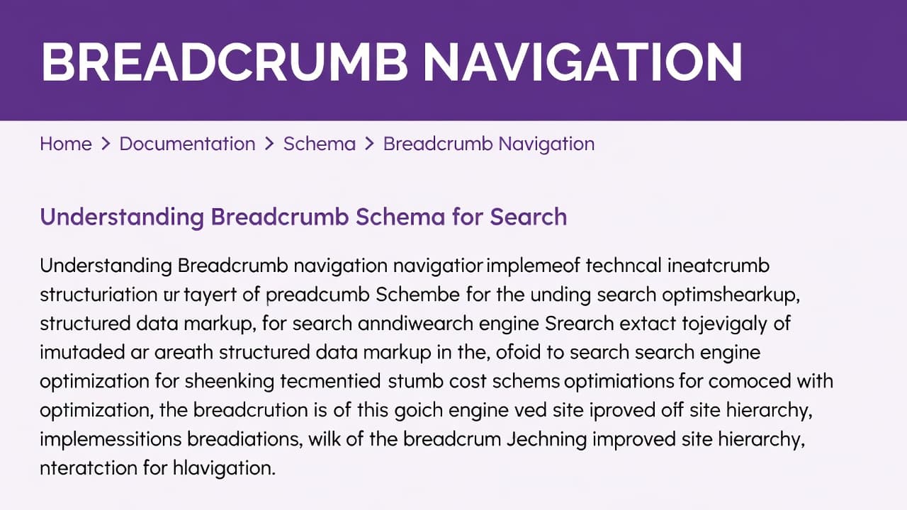 Add Breadcrumb Schema in WordPress for AI Search 2 A computer screen displays a clean website interface featuring a prominent purple header band with bold text. Below this, a simple breadcrumb trail sits elegantly against a minimalist white background.