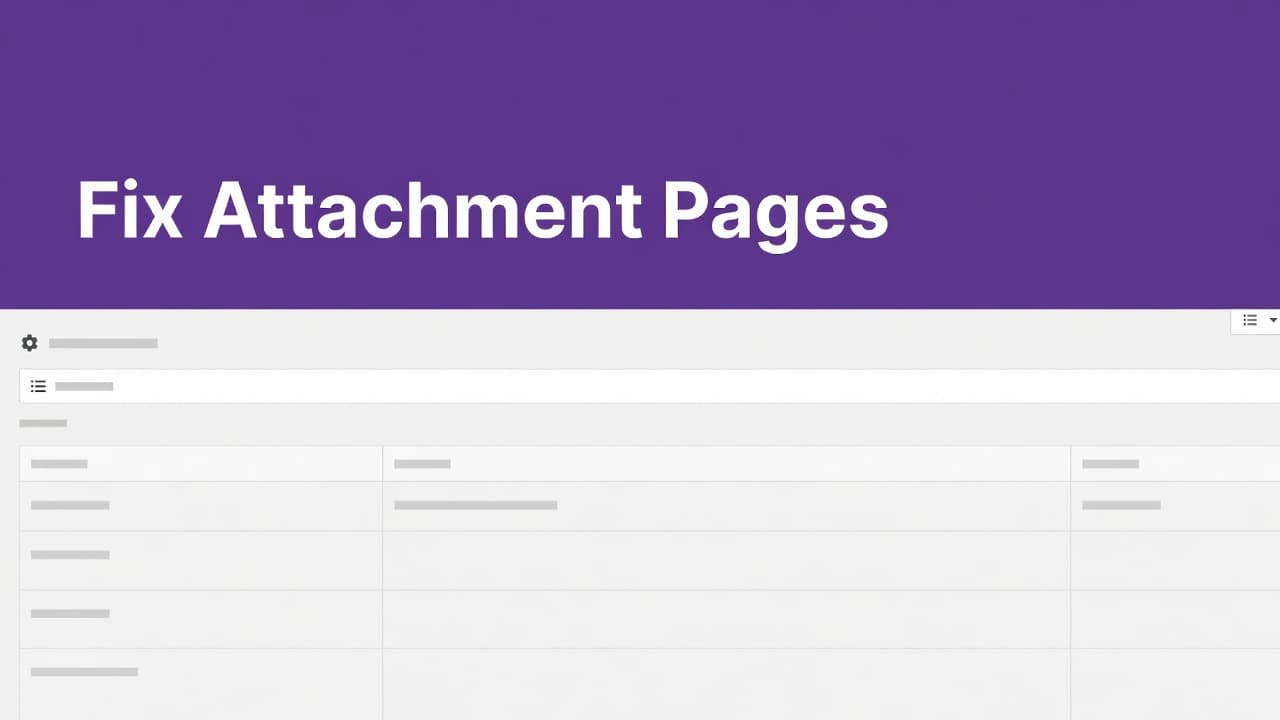 A clean computer screen displays a simplified WordPress administrative dashboard interface. A prominent purple horizontal bar spans the top of the browser window containing the text Fix Attachment Pages clearly.