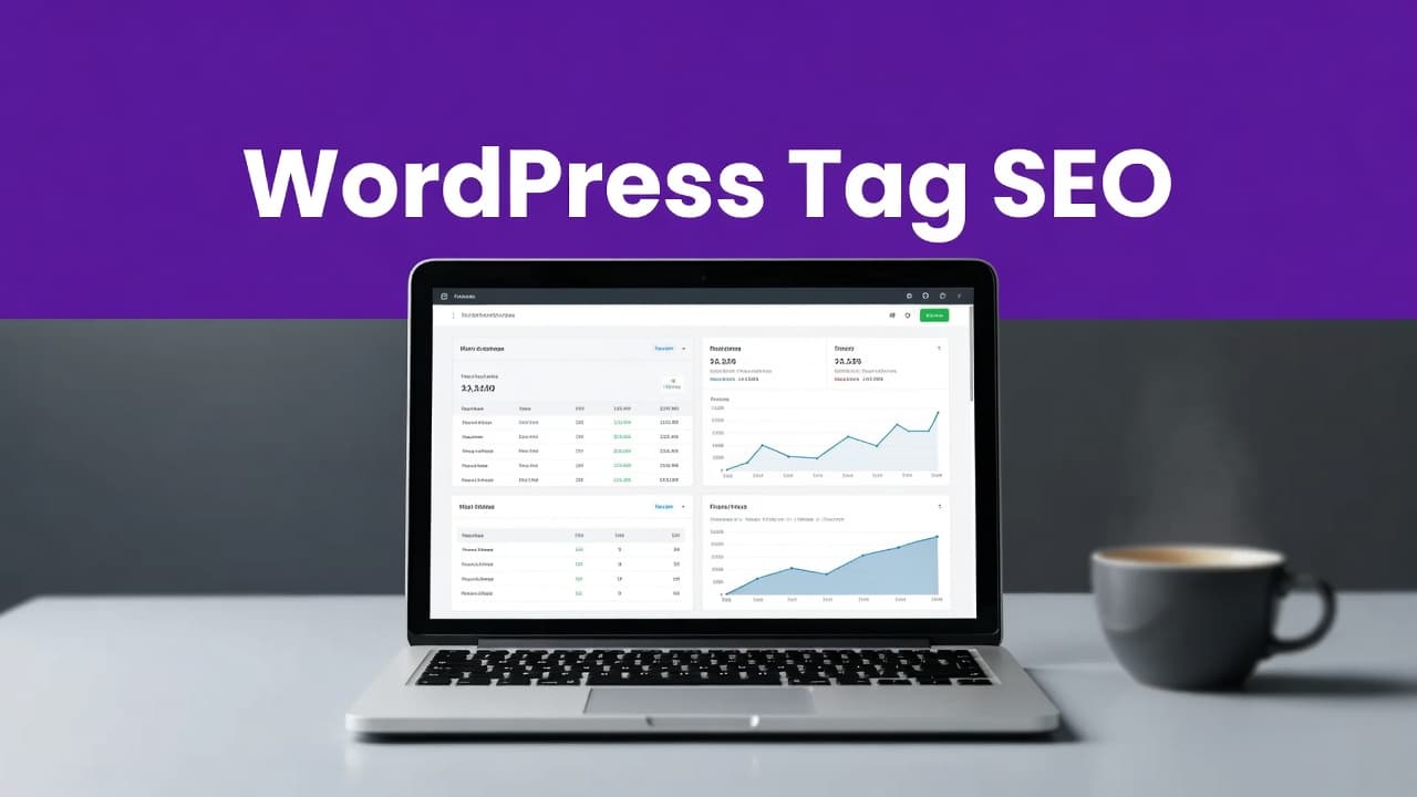 A modern laptop displaying an abstract dashboard sits on a clean desk. A bold purple header band occupies the top portion, featuring clean white typography regarding tag page optimization settings.