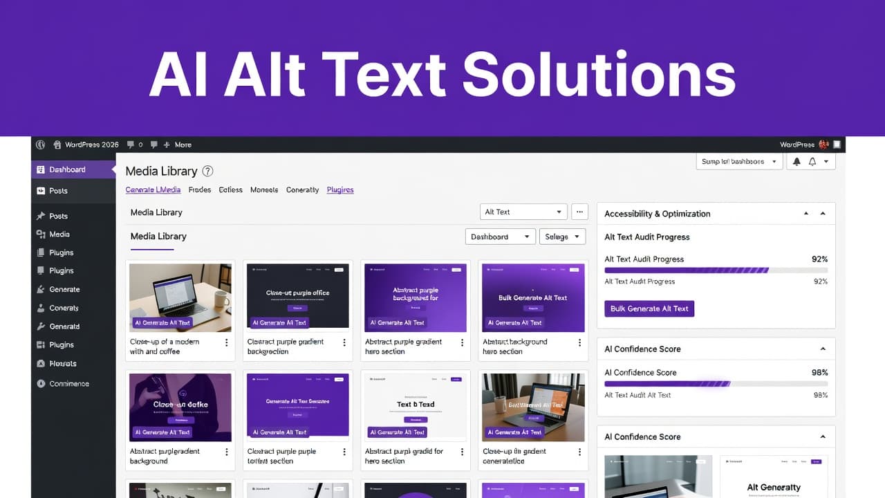 A prominent purple banner featuring bold white text sits atop a blurred WordPress control panel. The design emphasizes digital accessibility tools and professional website management through a high-contrast modern visual interface.