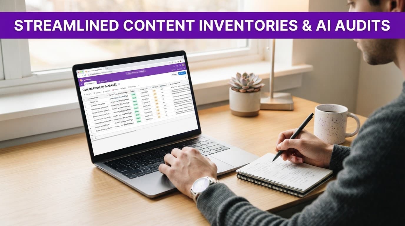 Build an Airtable Content Inventory for WordPress Audits 2 A person using an Airtable content dashboard on a laptop at a minimalist desk.