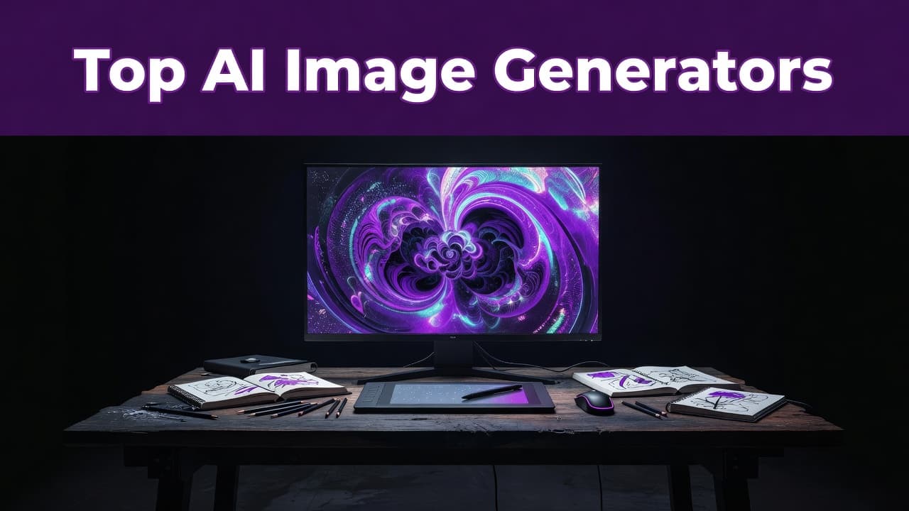 AI Image Generators for Blog Featured Images in 2026 2 A high-contrast monitor displays a vibrant abstract composition in a dark room. Bold purple neon accents frame the workspace, highlighting the sleek desk and minimalist geometric design elements throughout the studio.