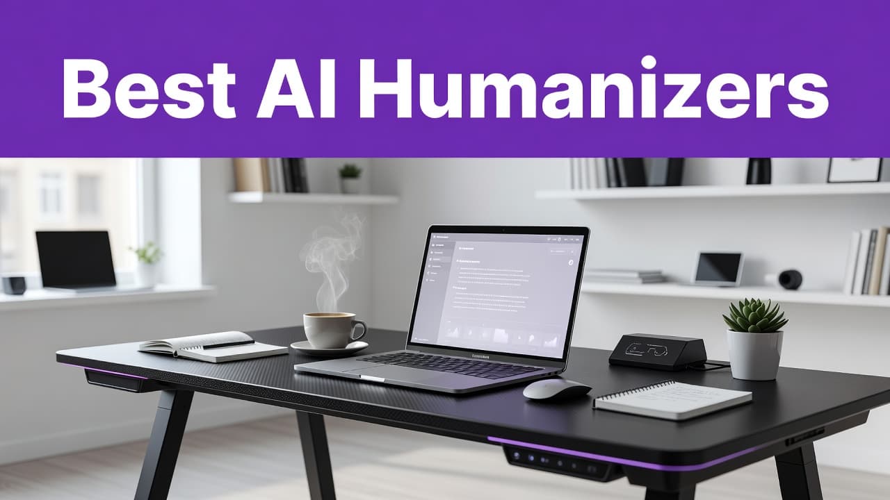 A sleek, high-tech desk features a laptop and steaming coffee inside a bright studio. A striking purple banner spans the top edge, displaying bold white text against the organized workspace.