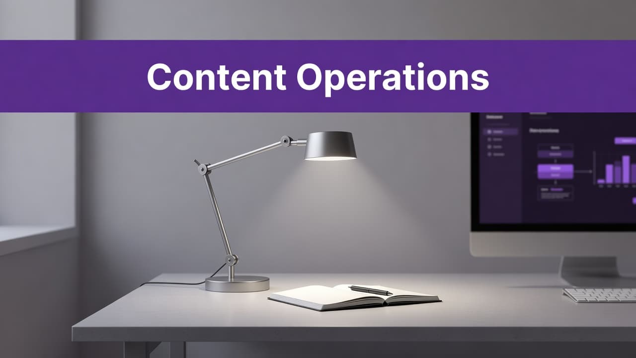 How n8n AI Agents Run Content Operations 2 A professional desk lamp illuminates a notebook beneath a purple header with the text Content Operations.