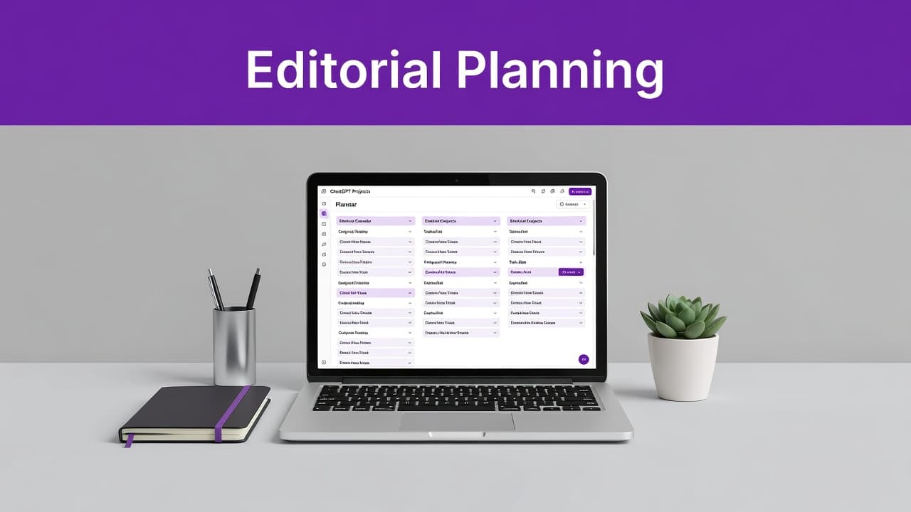 How to Use ChatGPT Projects for Editorial Planning 2 A sleek silver laptop sits centered on a minimalist desk, displaying a digital planner screen. Subtle purple accents and a refined top header bar create a clean, professional aesthetic for content organization.