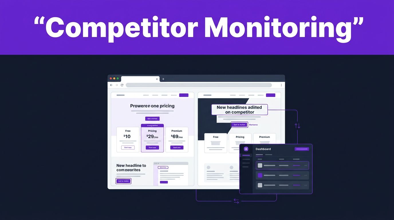 Browse AI Competitor Monitoring for Content Changes 1 A browser window with highlighted competitor webpage updates on a dark navy workspace.