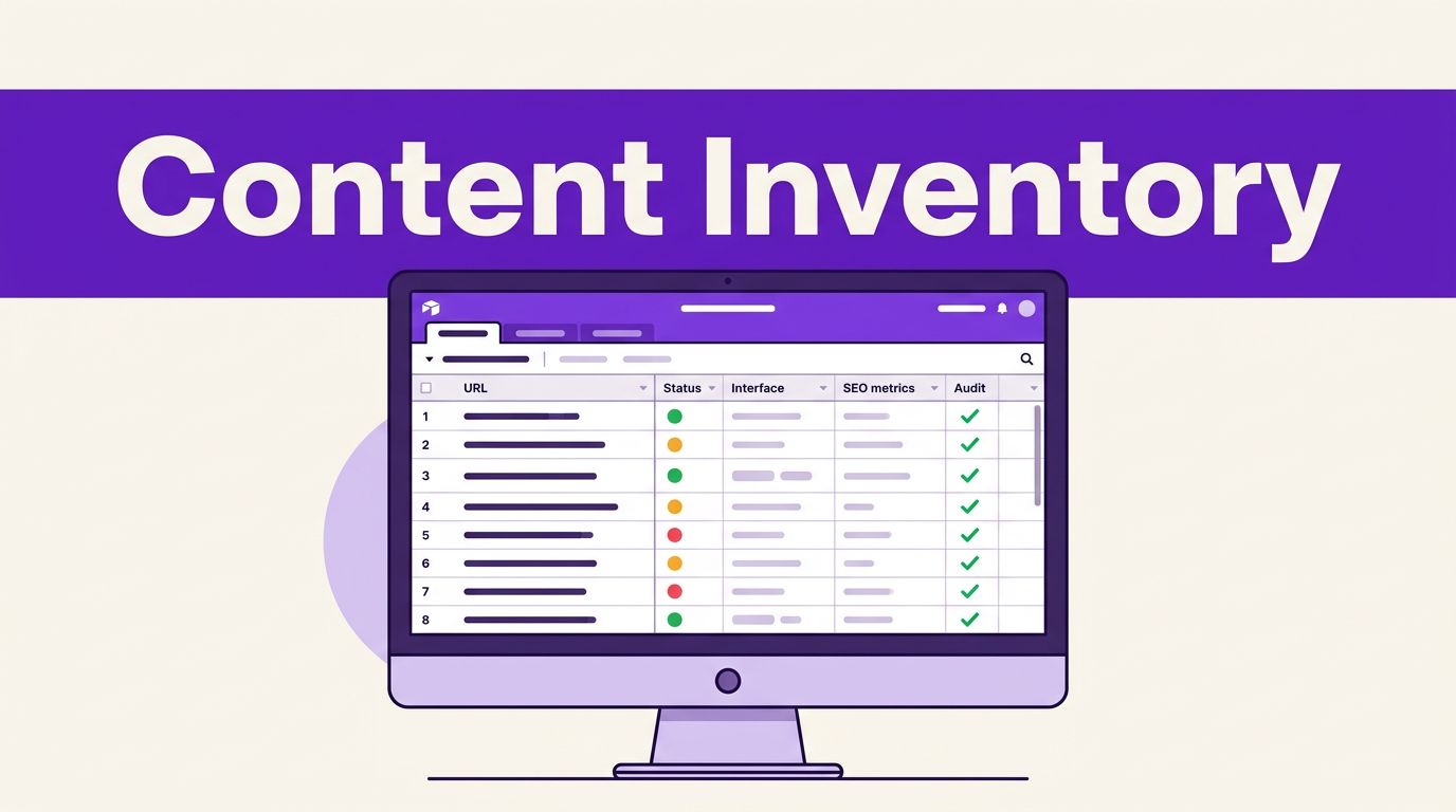 Build an Airtable Content Inventory for WordPress Audits 1 A computer monitor displaying an organized database dashboard with a purple header.
