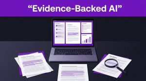 An open laptop and highlighted academic papers sit on a dark desk with a magnifying glass.