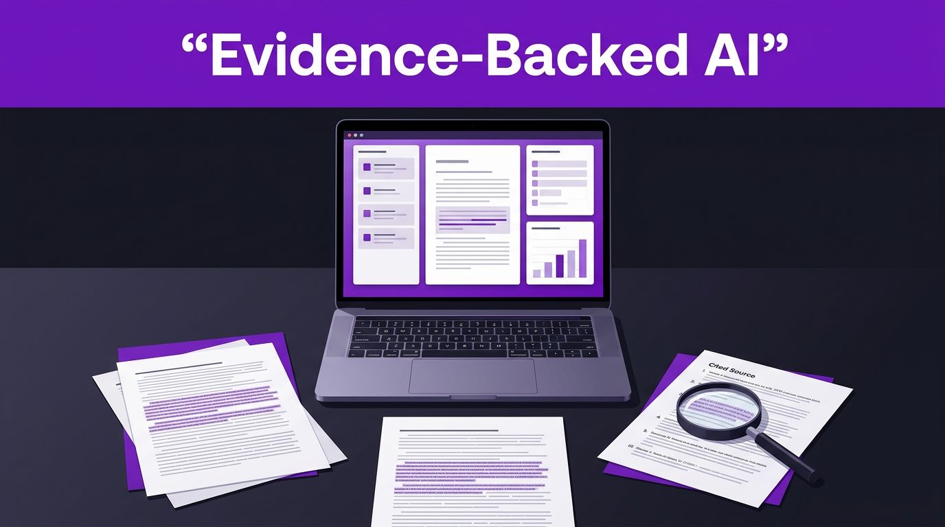 An open laptop and highlighted academic papers sit on a dark desk with a magnifying glass.