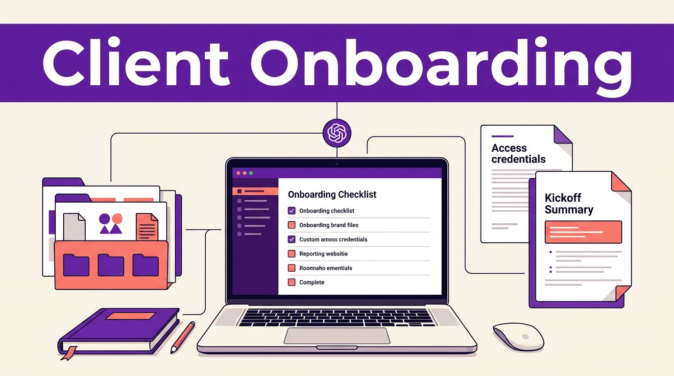How to Use ChatGPT Custom GPTs for Client Onboarding 1 Laptop showing an onboarding checklist beside organized client files and a kickoff summary.