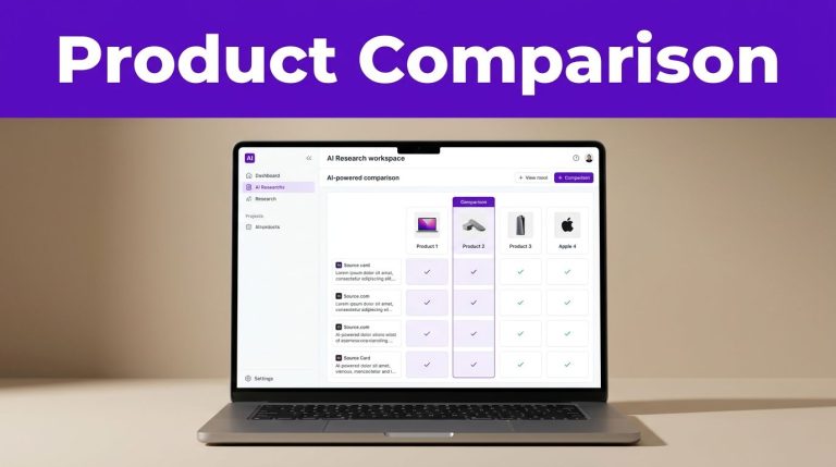 An open laptop on a desk showing an AI product comparison workspace with charts.