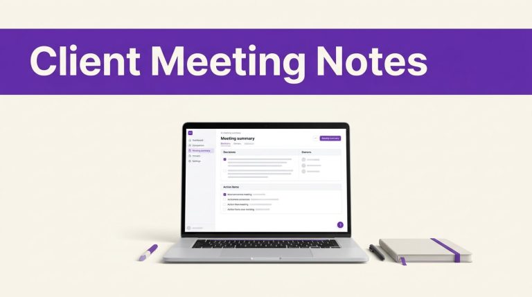 An open laptop showing meeting notes on a desk with a notebook and pen under a purple header.