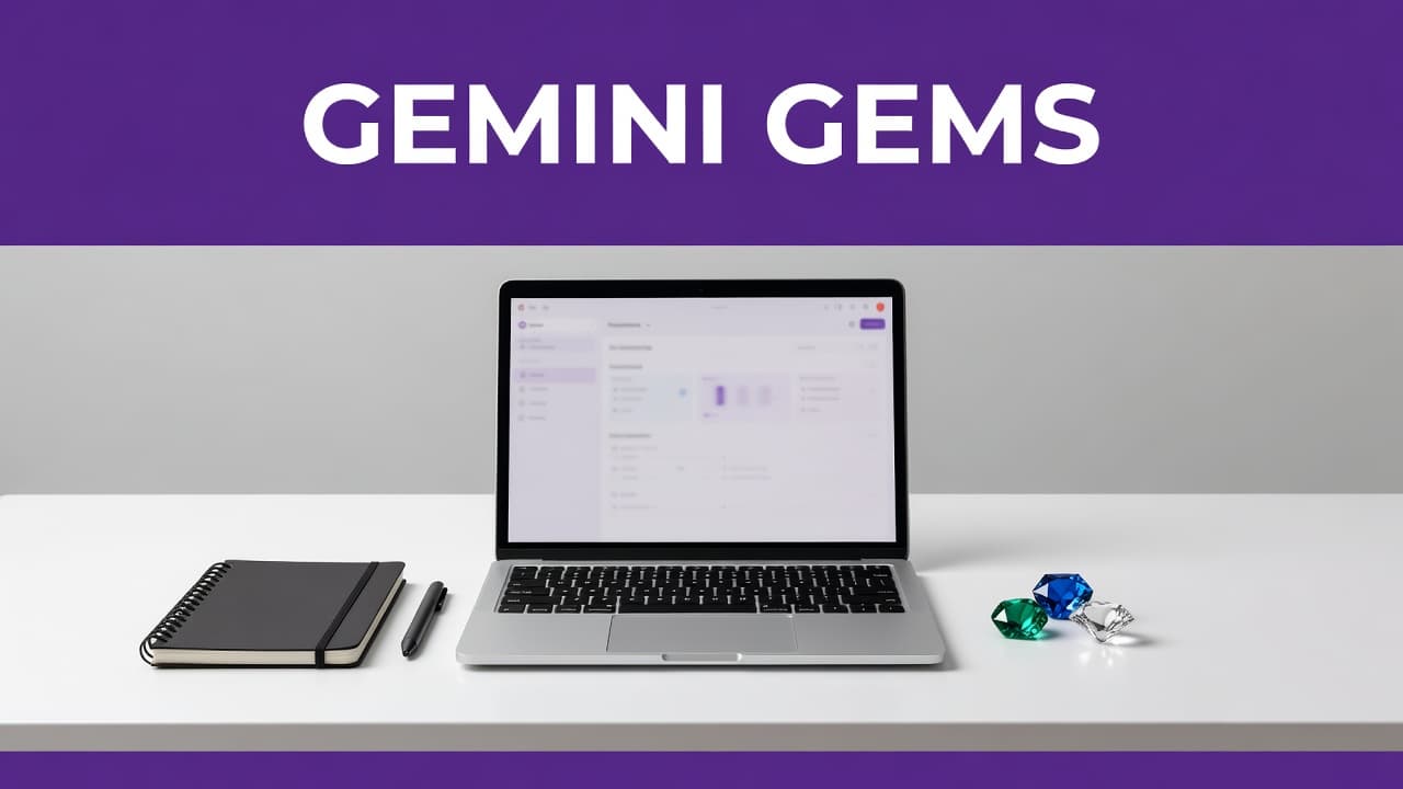 A purple banner with the words Gemini Gems above a clean desk and laptop.
