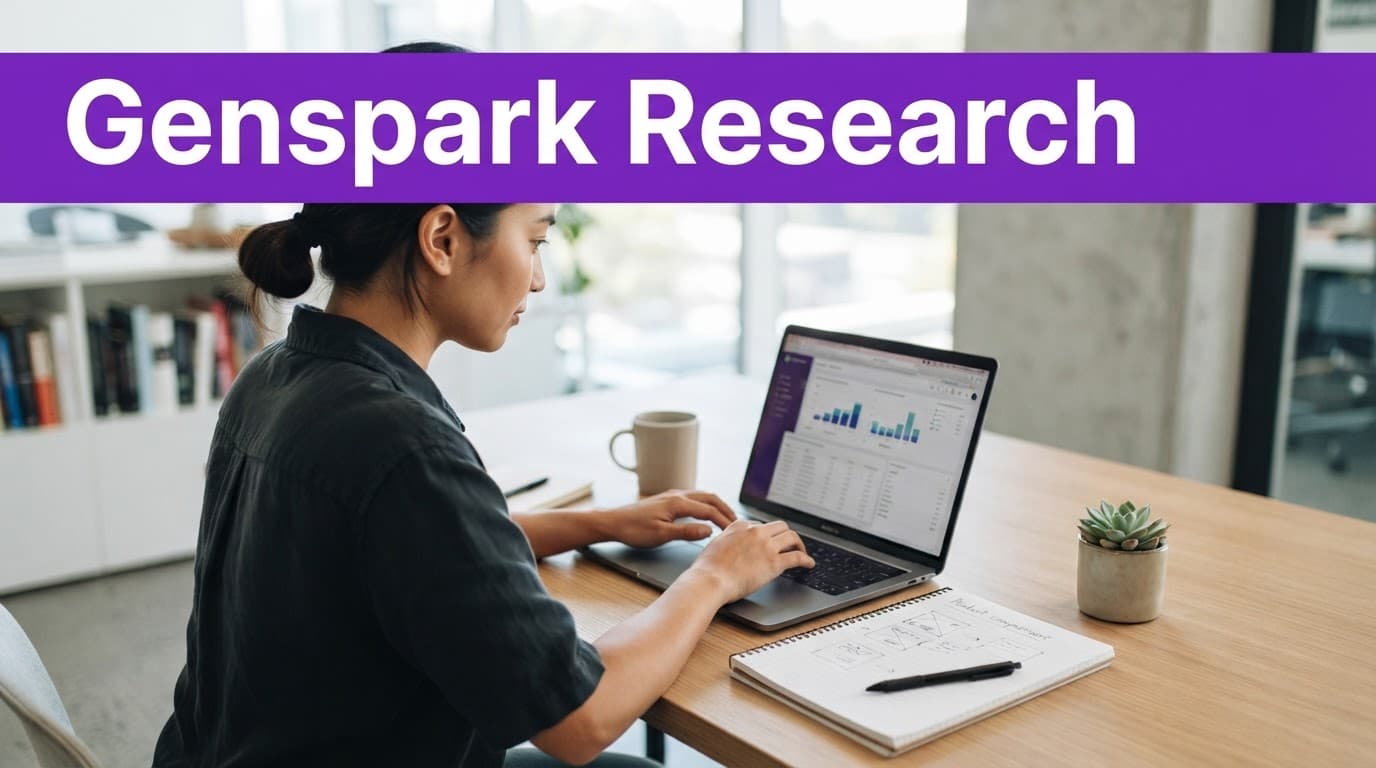 How to Use Genspark for Product Comparison Research 2 A purple banner with the headline Genspark Research sits above a clean desk setup with a laptop.