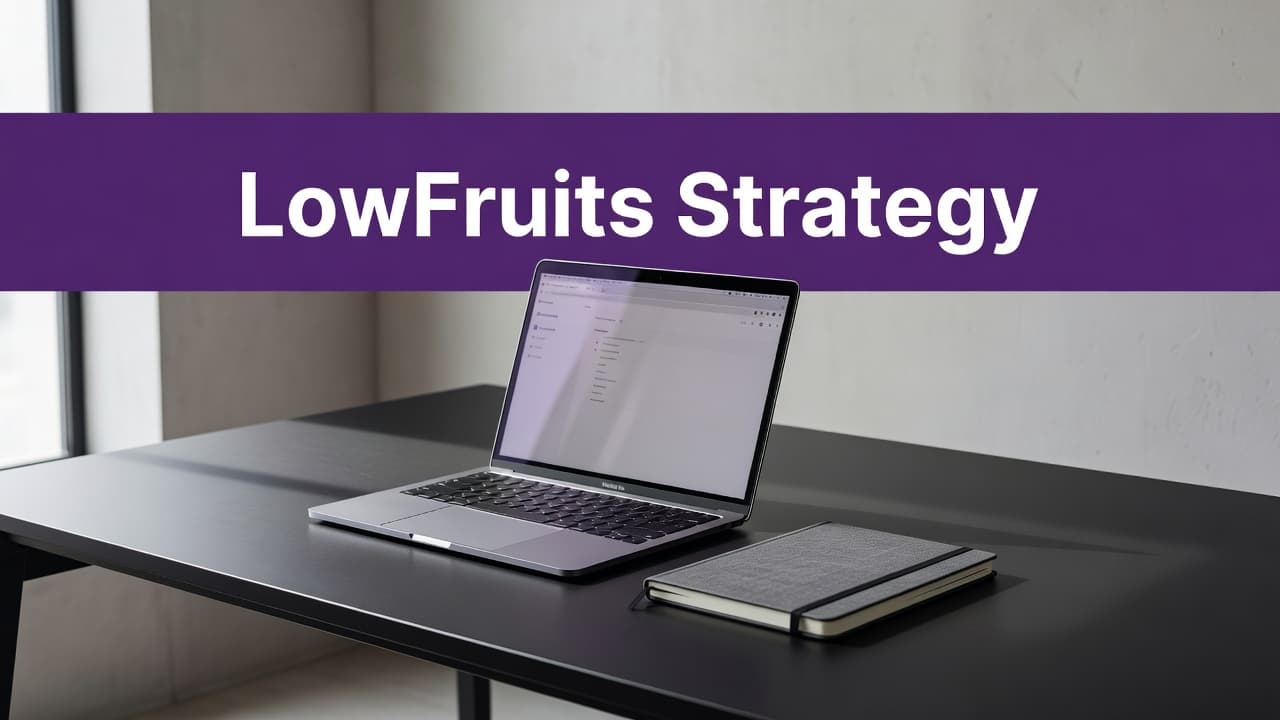 LowFruits Keyword Research for Low-Competition Blog Topics 2 A clean office desk features a laptop and notebook under soft lighting. A prominent purple banner at the top displays the white text LowFruits Strategy against a high-contrast professional background.