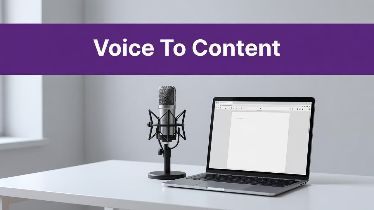AI Voice Dictation Tools for Faster Blog Drafting 2 A high-quality studio microphone sits on a desk beside an open laptop featuring a blurred document interface. A bold purple header with white text rests at the top of the frame.