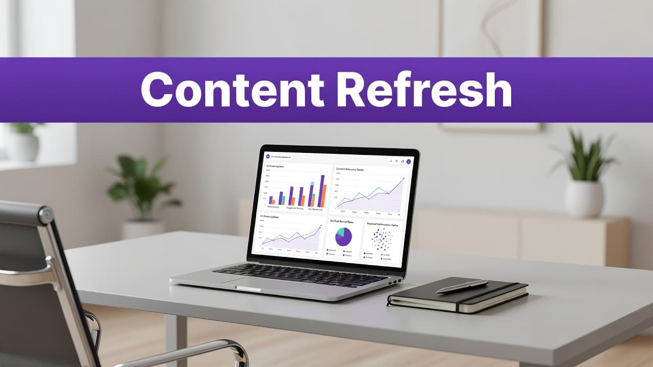 AI Content Refresh Stack for Old Posts in 2026 2 A sleek silver laptop sits on a white desk, displaying complex data visualization charts on its screen. A vibrant purple accent bar spans the top with clean white text headers.