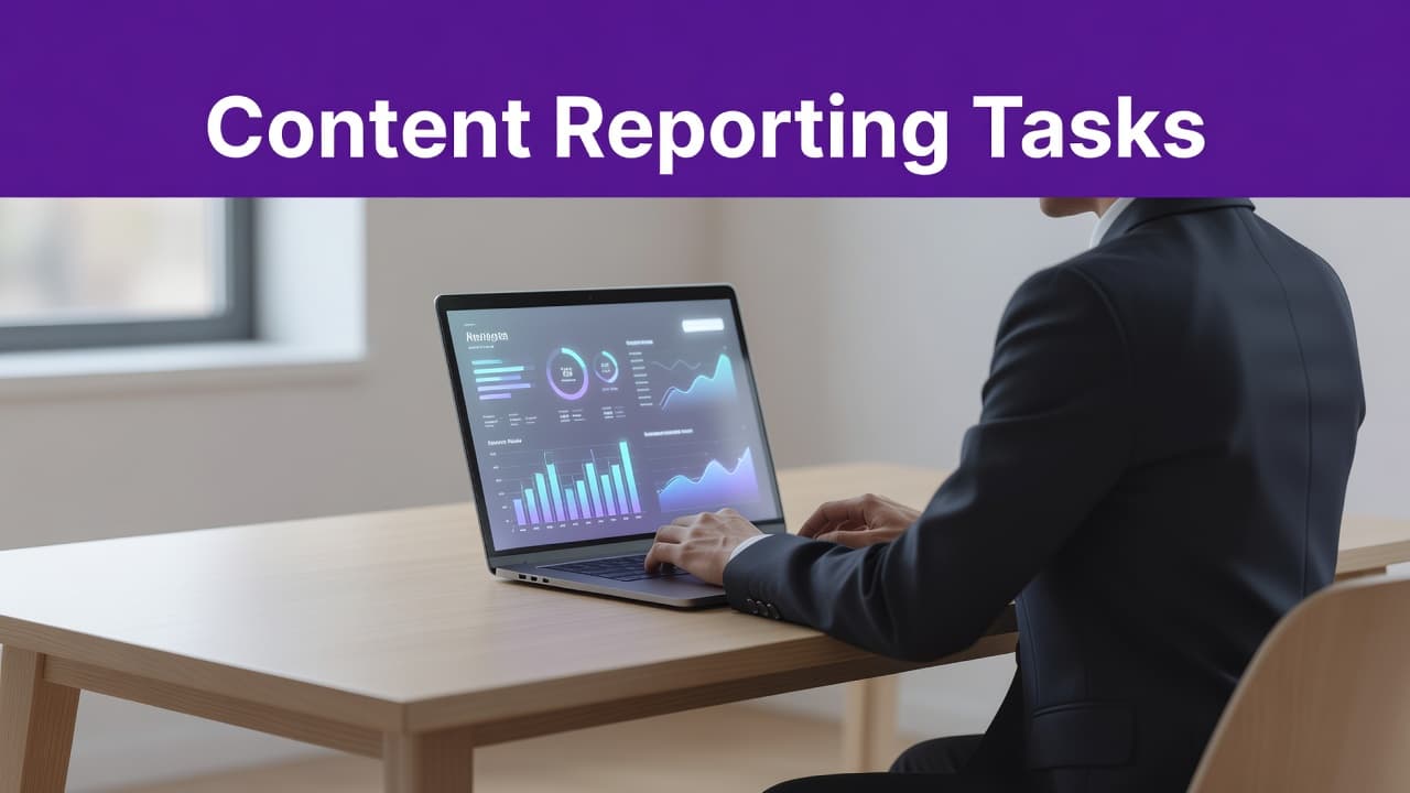 How to Use ChatGPT Tasks for Weekly Content Reporting 2 A person working at a clean desk on a laptop showing a professional data dashboard.