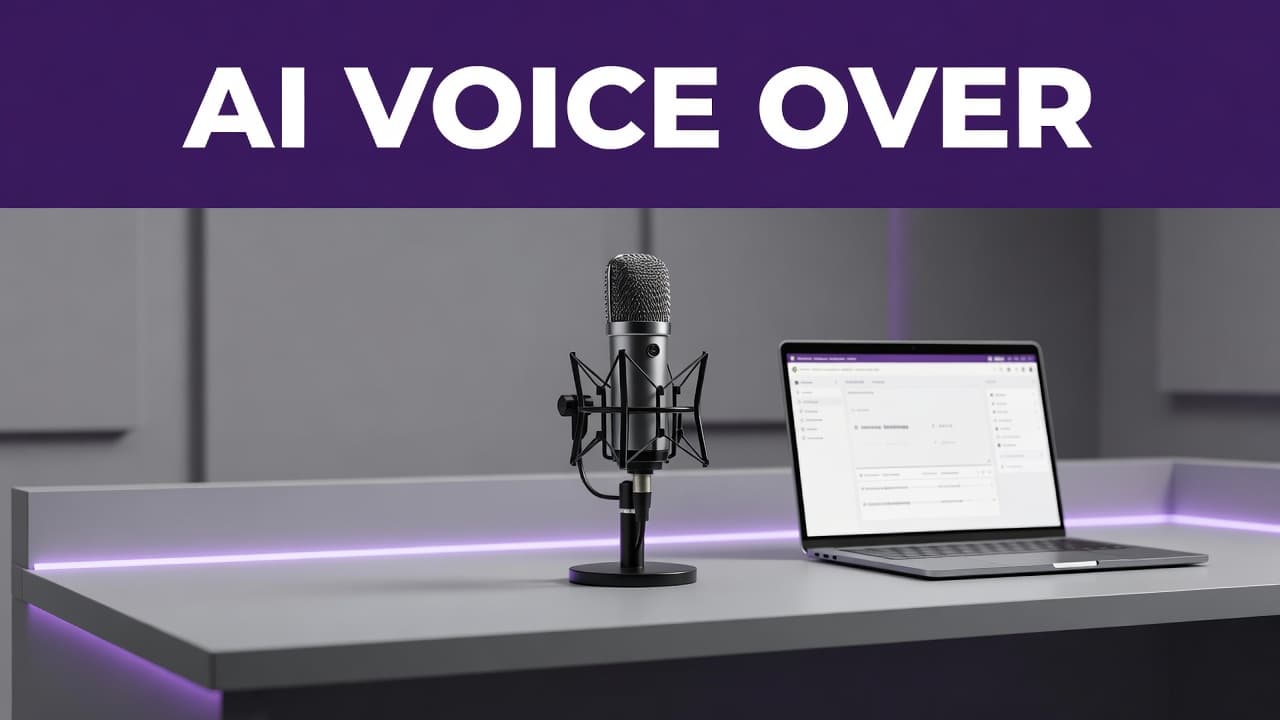 How to Create Blog Post Voiceovers With ElevenLabs 2 An organized recording desk featuring a professional microphone and laptop under a branded purple banner.