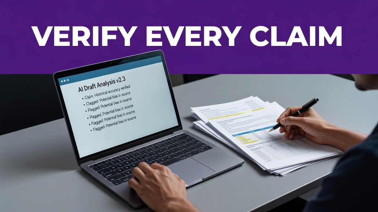 A clean desk surface features a laptop displaying research data next to several printed documents. A vibrant purple header sits above the workspace, featuring the bold white text Verify Every Claim.